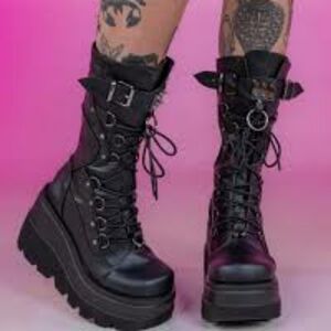 New Demonia Shaker 70 Black Vegan Leather Rave Cybergoth Platform Boots Size 7